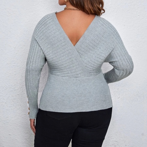 Plus Grey Button Detail Ribbed Sweater Top - Picture 4 of 4